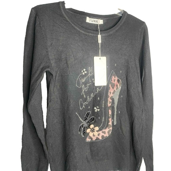 Yuna size S/M Sweater black shoe Graphic Sparkle beads Jimmy Choo for Cinderella - Picture 2 of 6